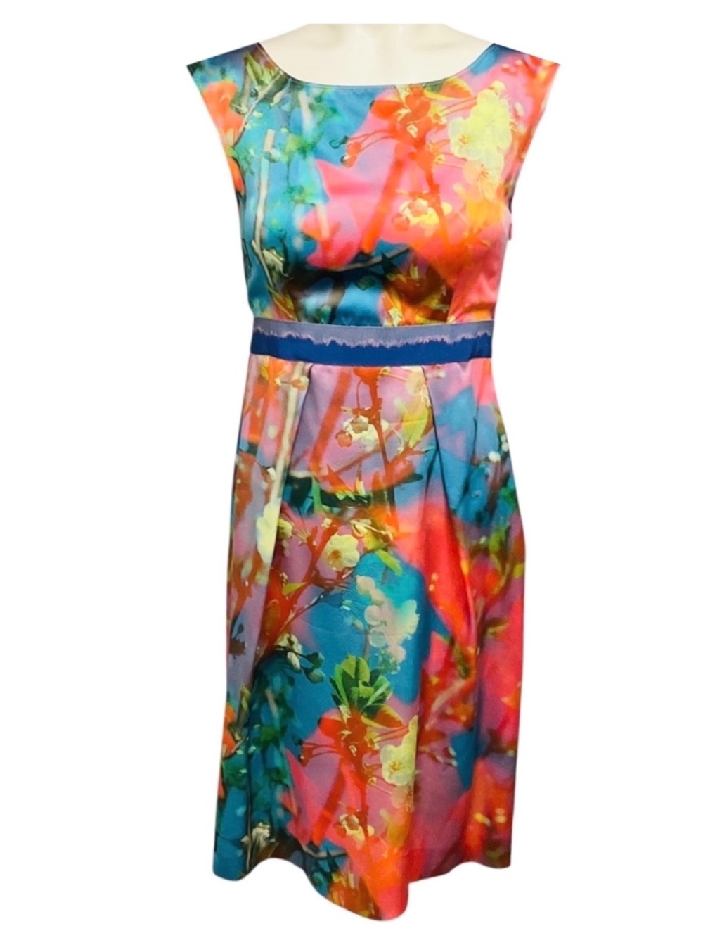 MOSCHINO CHEAP AND CHIC PINK / BLUE MULTI WATERCOLOR FLORAL PRINT SILK DRESS